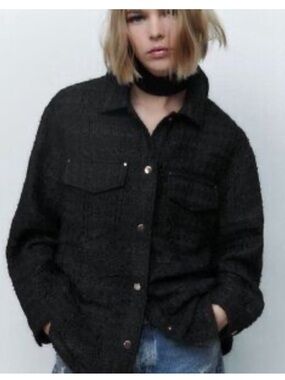 Zara Tweed Chunky Knit Relaxed Button-Up Shacket Shirt Jacket Preppy Black Small